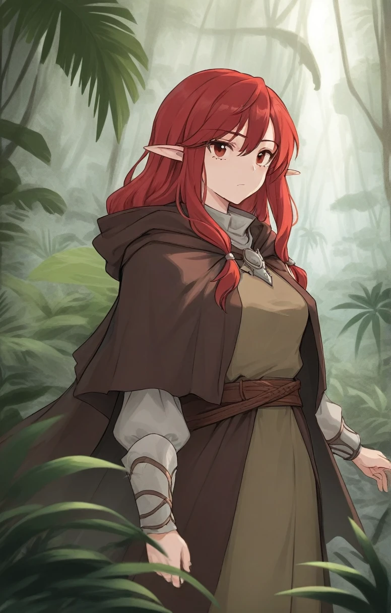 half elf, mature woman, dnd, adventurer, brown cloak, elegant, long red hair, flat chest, hood on, jungle