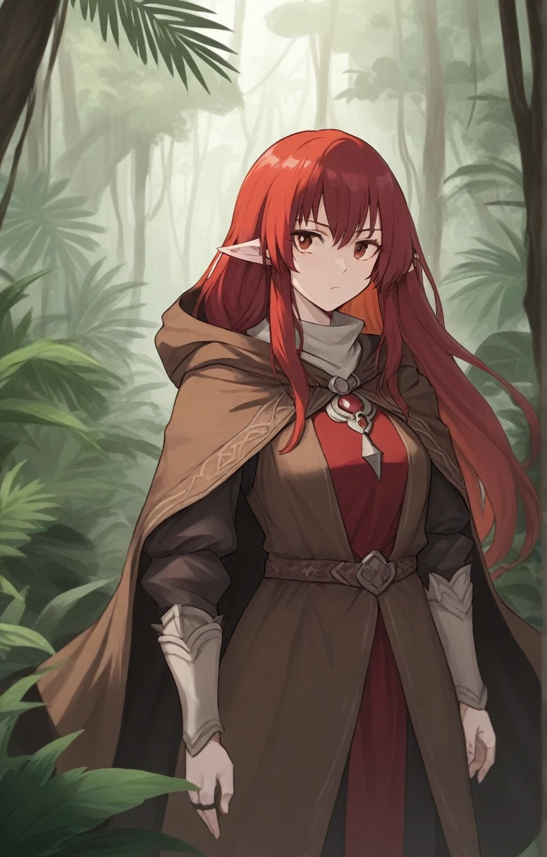 half elf, mature woman, dnd, adventurer, brown cloak, elegant, long red hair, flat chest, hood on, jungle