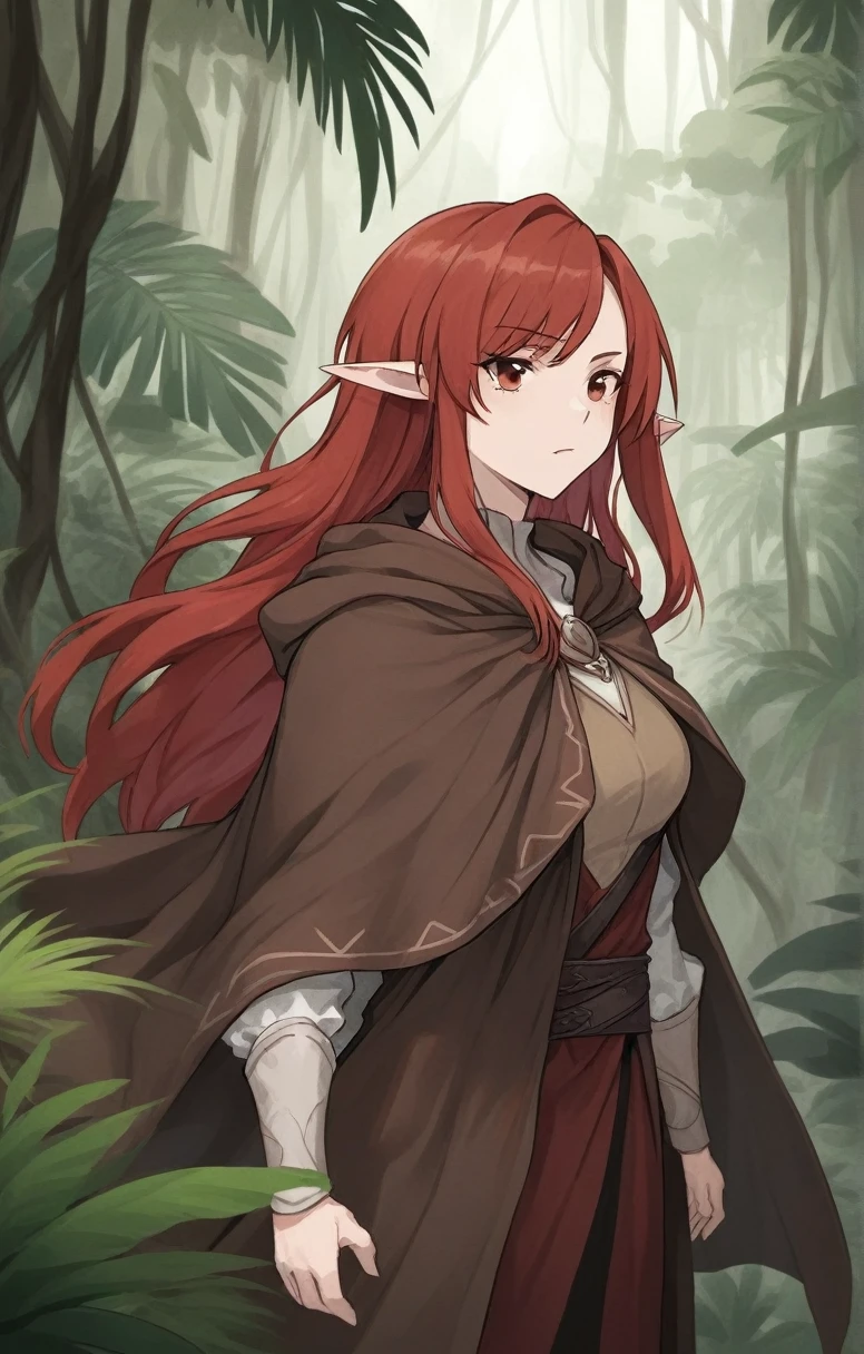 half elf, mature woman, dnd, adventurer, brown cloak, elegant, long red hair, flat chest, hood on, jungle