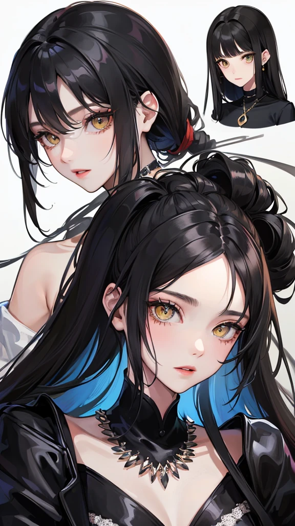 (Top resolution、Distinct_image)top-quality、femele、​masterpiece、highly detailed、Semi-realistic、 yellow eyes、18year old、young、Exquisite facial features、Facial features、unique hairstyle, variations, potrait, white background,  black hair  , long straight hairstyles  , cold expression,black stylish miniskirt, millionaire, boss, rich , mafia, luxurious,  necklace ,detailed eyes. cool ,sharp eyes