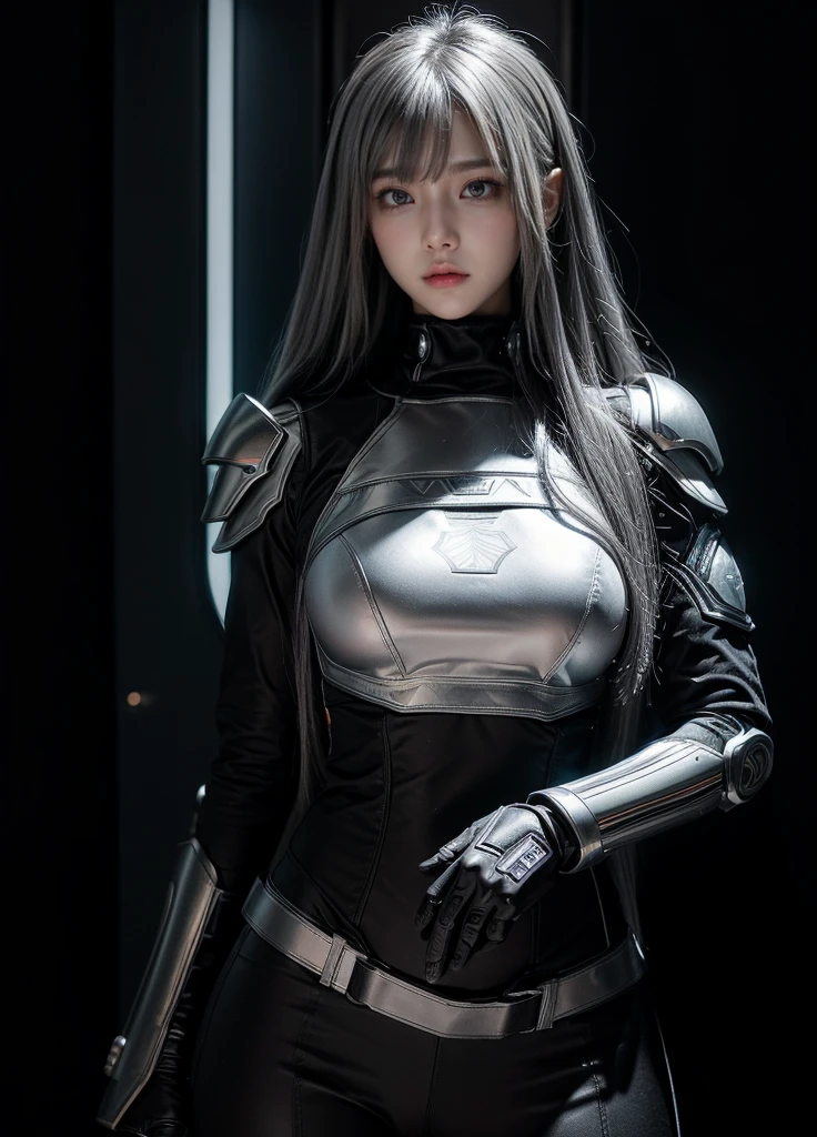cyber angel,machine wing,{{Sci-Fi Armor}},cyber suit,cyberpunk,science fiction,cyber battle armor,Battledress,Military Uniforms,pants,black military uniform,whole body,Height: 168cm,almond shape eyes,{{{{{silver eyes}}}}},{{{{{dull bangs}}}}},(slanted eyes},{{whole body},{{{1 girl}}}, long hair, straight hair,{{{{silver hair}}}},{{{tsurime}}},30 years old,{Medium chest},{{bush}},silver eyes,{{{masterpiece}}}, {{{highest quality}}}, {{Super detailed}}, {shape}, {{very delicate and beautiful}},very detailed,detailed perfect,detailed hyper,Abundant thighs,big ass,black clothes