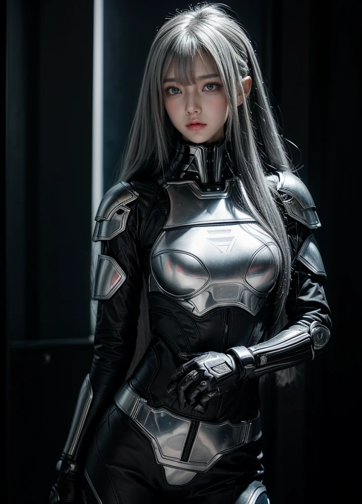 cyber angel,machine wing,{{Sci-Fi Armor}},cyber suit,cyberpunk,science fiction,cyber battle armor,Battledress,Military Uniforms,pants,black military uniform,whole body,Height: 168cm,almond shape eyes,{{{{{silver eyes}}}}},{{{{{dull bangs}}}}},(slanted eyes},{{whole body},{{{1 girl}}}, long hair, straight hair,{{{{silver hair}}}},{{{tsurime}}},30 years old,{Medium chest},{{bush}},silver eyes,{{{masterpiece}}}, {{{highest quality}}}, {{Super detailed}}, {shape}, {{very delicate and beautiful}},very detailed,detailed perfect,detailed hyper,Abundant thighs,big ass,black clothes