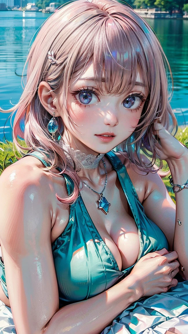 (Masterpiece, BestQuality:1.3), (ultra detailed:1.2), (hyperrealistic:1.3), (RAW photo:1.2), High detail RAW color photo, professional photograph, (Photorealistic:1.4), (realistic:1.4), (Pink Hair:1.5), professional lighting, perfect anatomy, (:1.2), (blush, detailed face), (cheerful Smile:1.5), Trending Hair&Trending Hairカラーをランダムに, earrings, necklace, bracelet, sexly, erotsexly, sexy gure poses, (Beiful woman wearing an aqua blue halter top and white skirt、Smiling by the lake、Silver earrings、Lying down on the grass。:1.3)