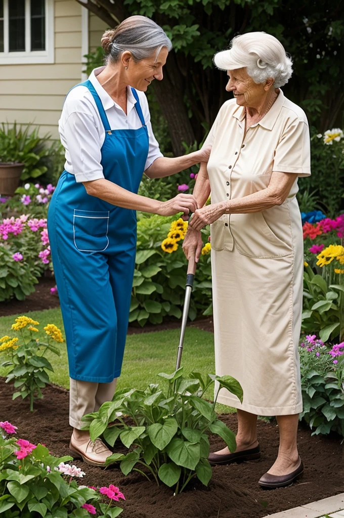 Mrs. Thompson in gardening attire, helping an elderly neighbor tend to their flower beds