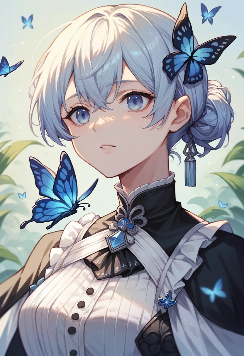 1 girl，Shimizu，Blue Butterfly，Pure white gauze skirt，shining，Upper body close-up, black swan
