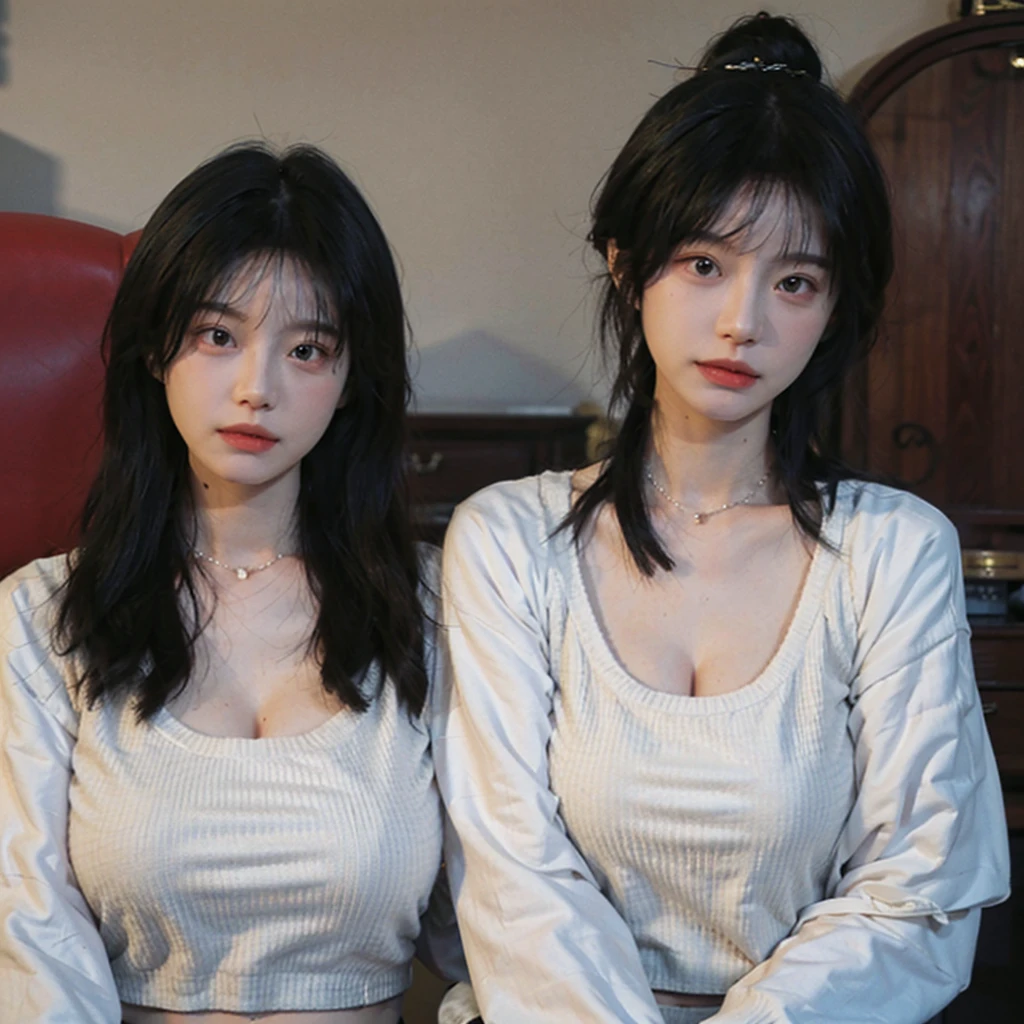best quality, ultra high resolution, (In reality:1.4),Bao Yu Girl,1 girl, With long curly hair,looking into the distance,huge cleavage,Cropped Red Sweater,Atmospheric feeling,Beautiful woman with a slender body:1.4, Abs,ultra fine face,Exquisite eyes,double eyelid,choker necklace