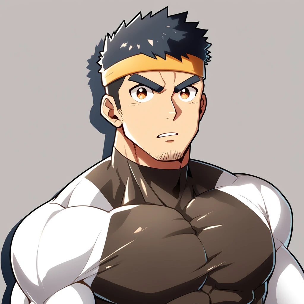 anime characters：Gyee, Muscle Sports Student, Manliness, sports headband, male focus, Cute boy with big eyes, Brown high collar long sleeve tight T-shirt, Slightly transparent material, Very tight, Round, full and perky chest muscles, Slightly transparent, muscular male, muscular, only, Upper body, alone, Black short hair, Thick eyebrows, stubble, Cute little eyes, Brown-red pupils, Grey background, simple background, amazing quality, best aesthetics, Ridiculous, crew cut, parted lips, v-shaped eyebrows, jitome, drop shadow, best quality