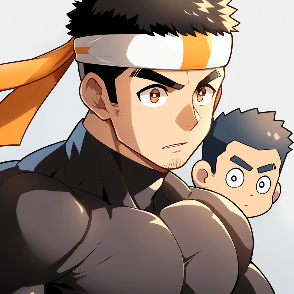 anime characters:Gyee, Muscle Sports Student, Manliness, sports headband, male focus, Cute boy with big eyes, Brown high collar long sleeve tight T-shirt, Slightly transparent material, Very tight, Round, full and perky chest muscles, Slightly transparent, muscular male, muscular, only, Upper body, alone, Black short hair, Thick eyebrows, stubble, Cute little eyes, Brown-red pupils, Grey background, simple background, amazing quality, best aesthetics, Ridiculous, crew cut, parted lips, v-shaped eyebrows, jitome, drop shadow, best quality