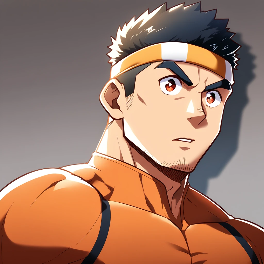 anime characters：Gyee, Muscle Sports Student, Manliness, sports headband, male focus, Cute boy with big eyes, Brown high collar long sleeve tight T-shirt, Slightly transparent material, Very tight, Round, full and perky chest muscles, Slightly transparent, muscular male, muscular, only, Upper body, alone, Black short hair, Thick eyebrows, stubble, Cute little eyes, Brown-red pupils, Grey background, simple background, amazing quality, best aesthetics, Ridiculous, crew cut, parted lips, v-shaped eyebrows, jitome, drop shadow, best quality