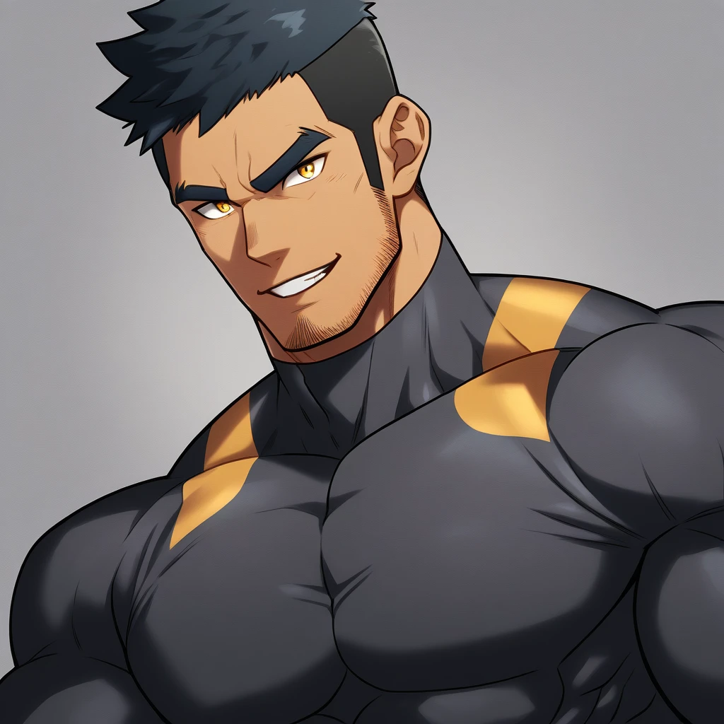 anime characters:Gyee, Muscle Sports Student, negro black skin, 1 dark skin muscular tough guy, Manliness, male focus, Dark grey high collar long sleeve wetsuit, Matte texture, Very tight, Round, full and perky chest muscles, Slightly transparent, muscular male, muscular, only, Upper body, alone, Black short hair, Thick eyebrows, stubble, Yellow eyes, Grey background, simple background, amazing quality, best aesthetics, Ridiculous, bright pupils, crew cut, parted lips, seductive smile, torogao, naughty face, best quality