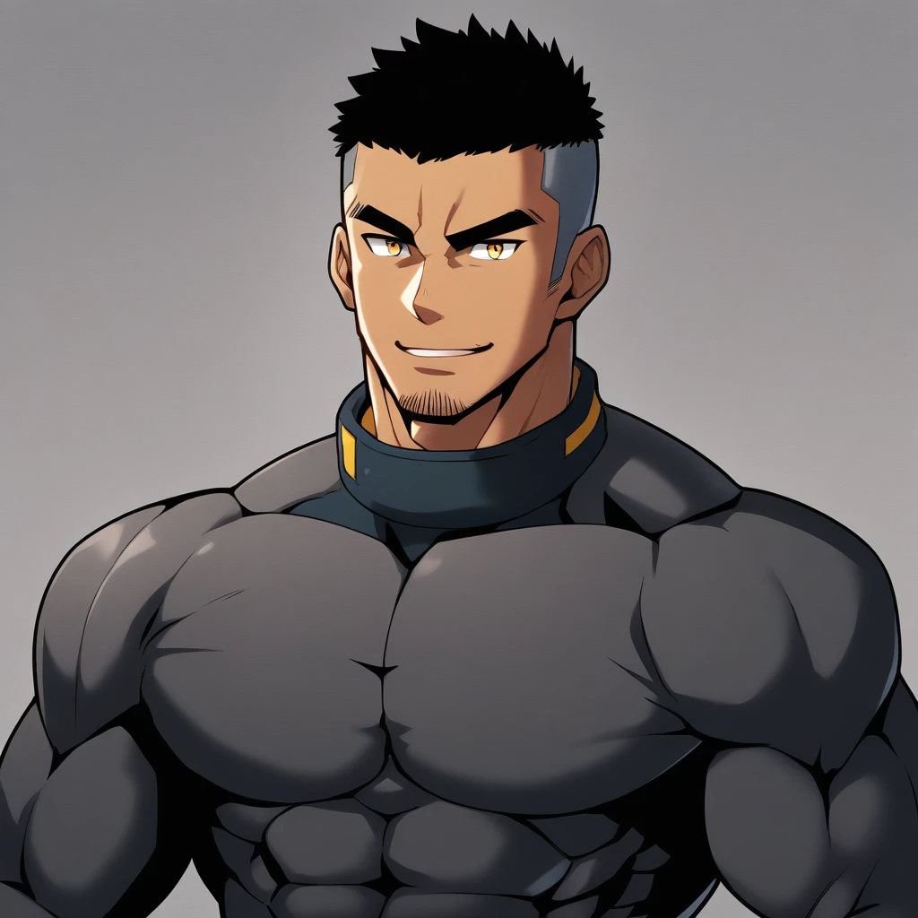 anime characters:Gyee, Muscle Sports Student, negro black skin, 1 dark skin muscular tough guy, Manliness, male focus, Dark grey high collar long sleeve wetsuit, Matte texture, Very tight, Round, full and perky chest muscles, Slightly transparent, muscular male, muscular, only, Upper body, alone, Black short hair, Thick eyebrows, stubble, Yellow eyes, Grey background, simple background, amazing quality, best aesthetics, Ridiculous, bright pupils, crew cut, parted lips, seductive smile, torogao, naughty face, best quality