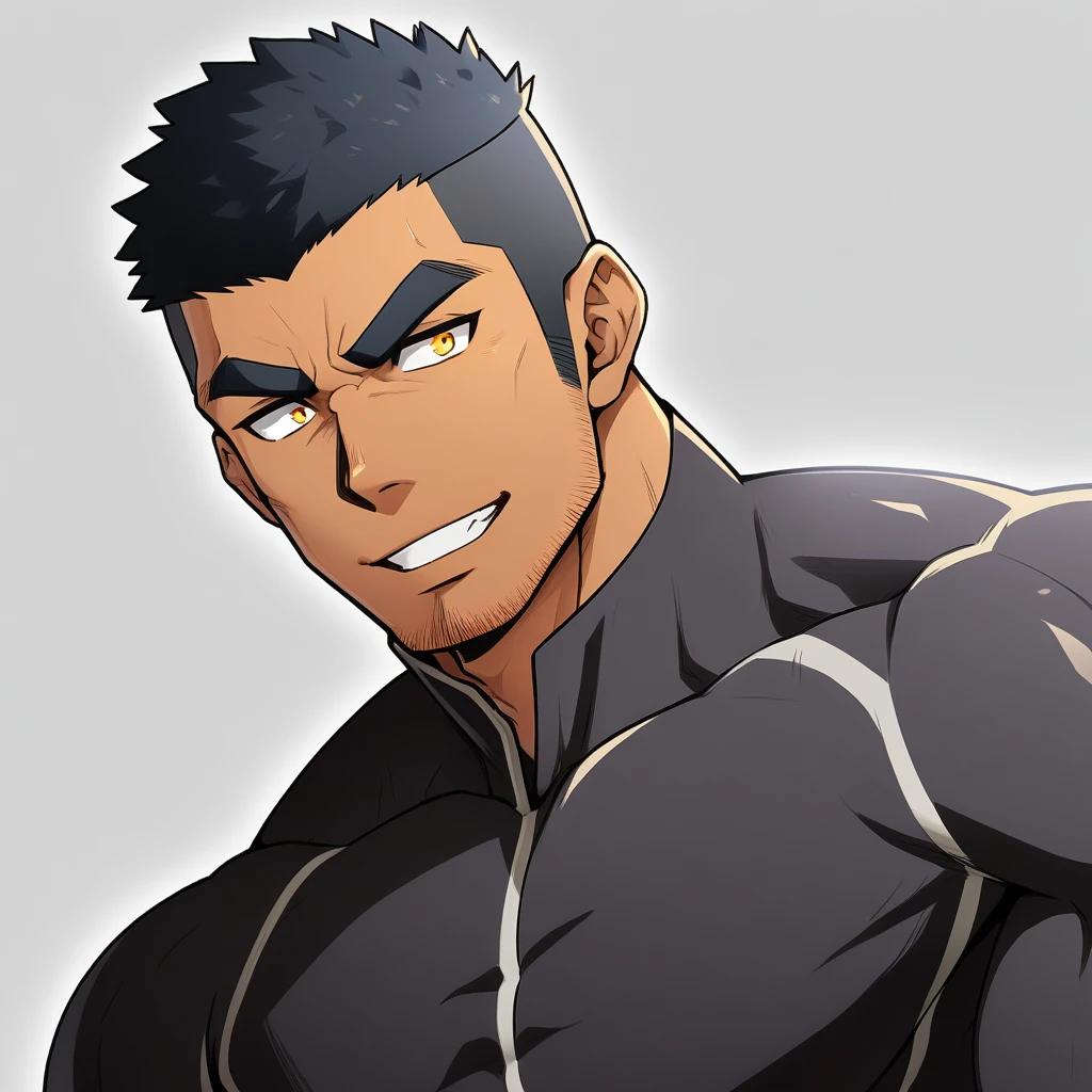 anime characters：Gyee, Muscle Sports Student, negro black skin, 1 dark skin muscular tough guy, Manliness, male focus, Dark grey high collar long sleeve wetsuit, Matte texture, Very tight, Round, full and perky chest muscles, Slightly transparent, muscular male, muscular, only, Upper body, alone, Black short hair, Thick eyebrows, stubble, Yellow eyes, Grey background, simple background, amazing quality, best aesthetics, Ridiculous, bright pupils, crew cut, parted lips, seductive smile, torogao, naughty face,  best quality