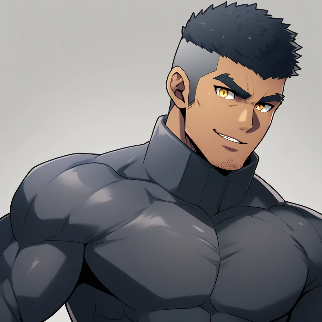 anime characters:Gyee, Muscle Sports Student, negro black skin, 1 dark skin muscular tough guy, Manliness, male focus, Dark grey high collar long sleeve wetsuit, Matte texture, Very tight, Round, full and perky chest muscles, Slightly transparent, muscular male, muscular, only, Upper body, alone, Black short hair, Thick eyebrows, stubble, Yellow eyes, Grey background, simple background, amazing quality, best aesthetics, Ridiculous, bright pupils, crew cut, parted lips, seductive smile, torogao, naughty face, best quality