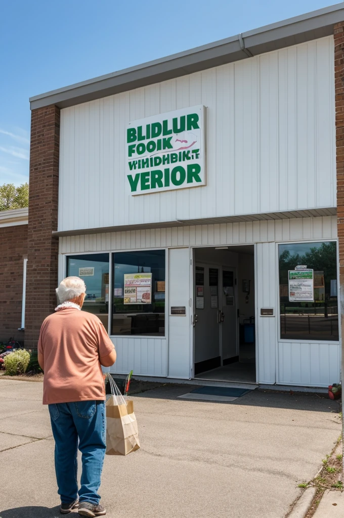The exterior of a local food bank building with the elderly neighbor dropping off the bag of vegetables at the entrance