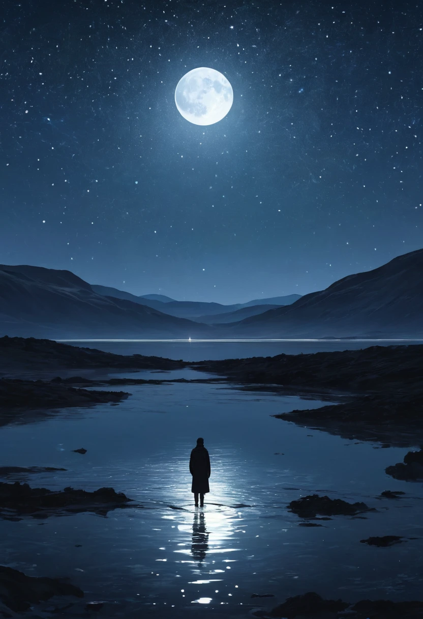 a lonely figure in the vast, dark wilderness at night, faint stars in the sky, a faint reflection of the moon on the water surface