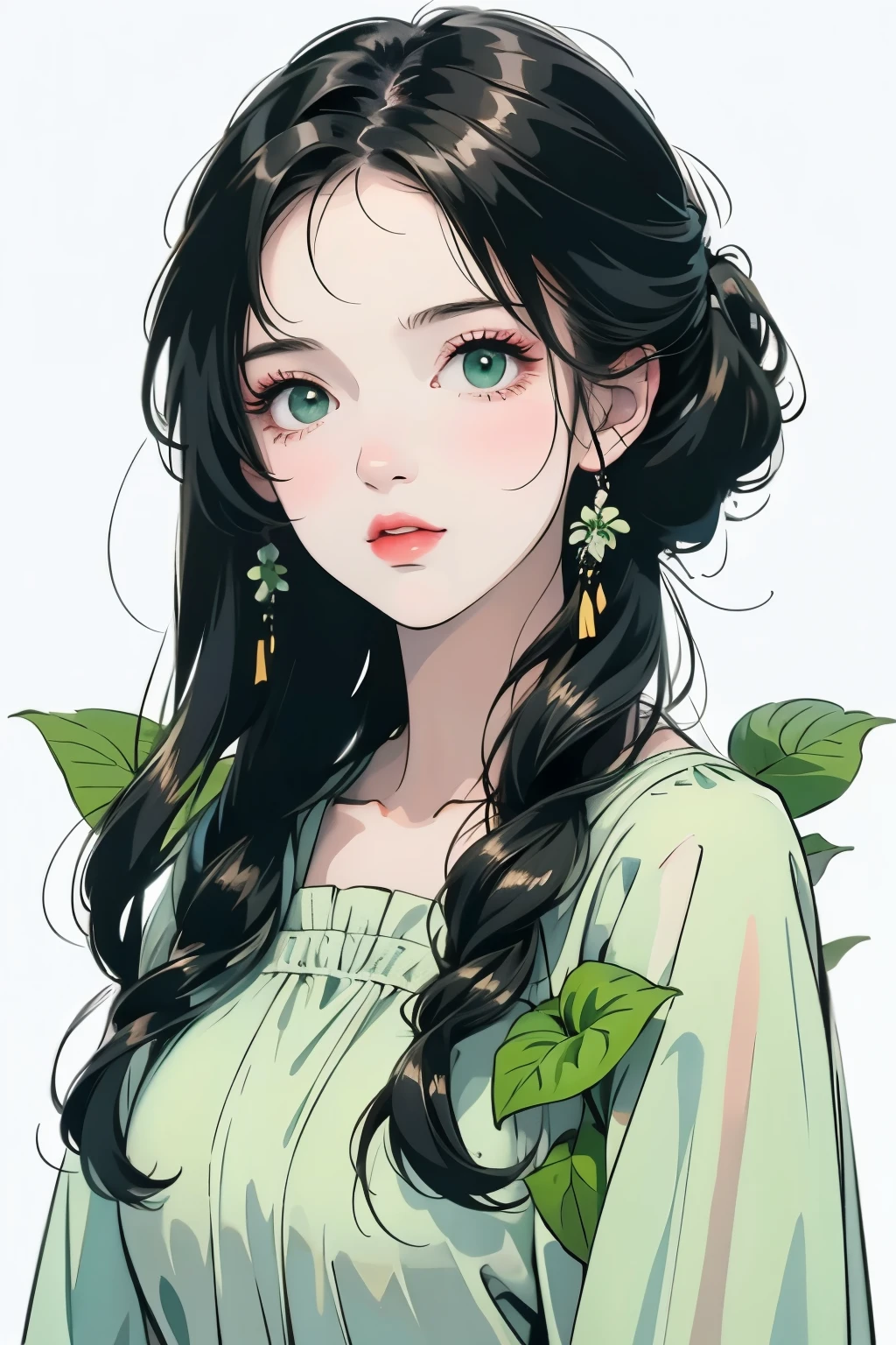 color,girl ,Black Hair,Simple drawing method、White,Green Collage,Green plants,Clean background