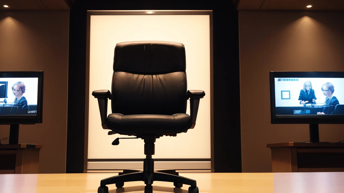 A judging panel consisting of three chairs, with the camera directed at the center of the panel.