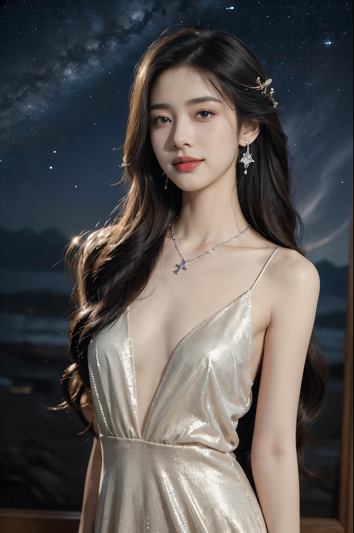 (((best quality))),(((ultra detailed))),(((masterpiece))),illustration,((A beautiful female astrologer,solo)),((slim,thin)),((small breasts,flat chest)),((shoulder length straight hair)),(laughing:1.2),(earrings,necklace),(sparkled sheer shirt-dress:1.3),standing beneath a magical summer night, stars twinkling in the velvety darkness,starry sky, sapphire eyes filled with wonder, flowing ethereal gown mimicking the stars, silver pendant shaped like a horoscope,serene smile and captivating gaze, celestial beauty and mystery, solace and inspiration in the vast expanse of the universe,((from front,upper body))