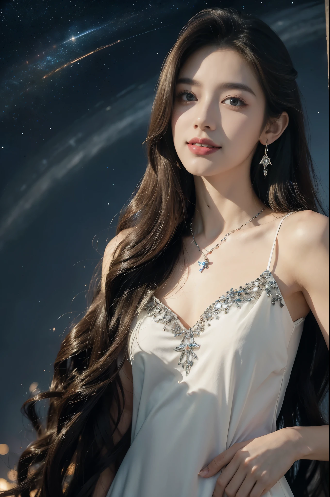 (((best quality))),(((ultra detailed))),(((masterpiece))),illustration,((A beautiful female astrologer,solo)),((slim,thin)),((small breasts,flat chest)),((shoulder length straight hair)),(laughing:1.2),(earrings,necklace),(sparkled sheer shirt-dress:1.3),standing beneath a magical summer night, stars twinkling in the velvety darkness,starry sky, sapphire eyes filled with wonder, flowing ethereal gown mimicking the stars, silver pendant shaped like a horoscope,serene smile and captivating gaze, celestial beauty and mystery, solace and inspiration in the vast expanse of the universe,((from front,upper body))