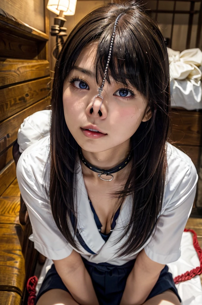 Browsing Caution,RAW Photos,8K, (Highest quality),Realistic,(Live Action, Intricate details),(Natural skin texture, Detailed skin,Hyperrealism, Sharpness),((Composition looking up from below)),((手を背中でTied upいる:1.2)),((Black Hair:1.2)),((全身にropeを巻く)),(Oily skin),(20-year-old woman),((Whole body 1.2)),((From head to toe:1.2)),((Open your lips)),((カメラをGlare)),(Japanese women),(Highest quality:1.2),Flat bangs,Medium Chest,Crouching posture,Squat with your legs apart,Showing off your crotch,Beautiful Eyes,Detailed face,High quality eyes,Keep your eyes focused,Nose and mouth,Face Focus,Super Face close-up gentle and charming Chinese beautiful woman, 繊細でSexy鎖骨,Small Nose, Focus on the face, Face close-up, Ultra-high resolution, Very detailed, Full body photo,Ahegao,shameずかしそうな顔,shame,Blushing, ((Long Hair)),((Sit with your legs apart)),((Torture chamber)),((Leash Collar)),((Massage the breasts)),((Dimly lit room)),(Natural skin texture),bondage, bondage, bondage, conversion, constrained, bound, Tied up, constrainedされた腕, constrainedされた手, 完全にconstrainedされた, constrainedされた身体, bound with chains, bound hands, Blushing, bondage outfit, bondage((constrained)),Sit with your legs apart,((Nose hook)),((3方向のNose hook)),((Completely naked:1.2)),((rope)),((White teeth)),((手首を背中でTied upいる)),((手を背後でTied upいる;1.2))、(((32k,High detail,High definition、masterpiece,Attention to detail,Esbian all over,solo))),RAW Photos & Realistic atmosphere,Beautiful dark blue eyes,Mouth details,Glossy Lips,Fine eyebrows,With soft white skin that shines in every detail、Detailed eyes、Blue Eyes,とてもBeautiful Eyes,Detailed lips、Very beautiful face,Very well-formed face、A vivid face,Beautiful, shining lips, Realistic Young Gravure Idol, Very beautiful school girl, , 若くてSexyグラビアアイドル, Young Gravure Idol, Beautiful and cute adult16 years old ,My whole body is wet,Dripping,Blushing,Very beautiful, Sexy and classy16 years oldの女の子,Medium-long brown shiny hair,Wet hair,Dripping水,Dripping,(Looking into the camera:1.4),(darkness,Very dark,Use a flashlight to illuminate an object in a dark classroom:1.7),(Sexy,Healthy and toned body,High Detail High Vision High Vision Japan HDTV Black HDTV High Vision Black High Vision Black High Vision High Vision Black High Vision High Vision Uniform,well-shaped chest of medium size,,,Mature Body, I'm so anxious I feel like crying,Watery eyes,Cold Smile,Glare,Glare顔も美しい,High Resolution Arm,,High Resolution Finger,:1.5),(The chest of the uniform is open,Wearing a classy schoolgirl uniform in black and red、黒のパンストとSexy脚を身につけて、shameずかしそうにスカートをめくりながら直立している:1.7)