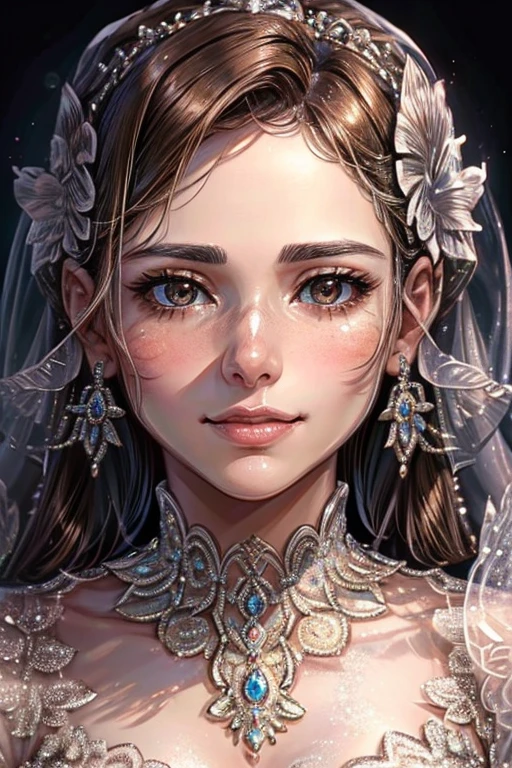 Photo of a 25-year-old woman, epitomizing beauty with her radiant brown hair and captivating brown eyes, exuding a radiant, cheerful expression. Her closed mouth reveals beautifully shaped lips, subtly tinged with a hint of blush and goosebumps, adding to her ethereal allure. The detailed, high-quality image is reminiscent of a professional, award-winning Hollywood film, showcasing intricate details and a shallow depth of field for a mesmerizing effect. The depth of detail extends to her skin texture, with each pore and contour meticulously rendered. The woman's face is slender, with a thin nose