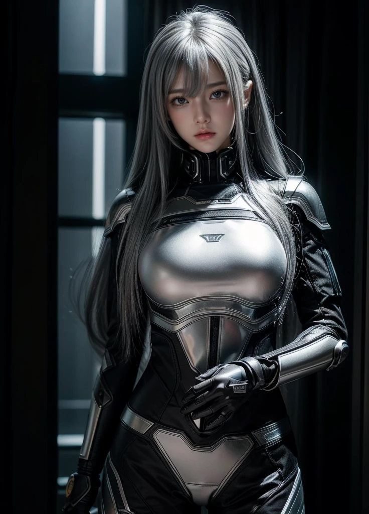 cyber angel,machine wing,{{Sci-Fi Armor}},cyber suit,cyberpunk,science fiction,cyber battle armor,Battledress,Military Uniforms,pants,black military uniform,whole body,Height: 168cm,almond shape eyes,{{{{{silver eyes}}}}},{{{{{dull bangs}}}}},(slanted eyes},{{whole body},{{{1 girl}}}, long hair, straight hair,{{{{silver hair}}}},{{{tsurime}}},30 years old,{Medium chest},{{bush}},silver eyes,{{{masterpiece}}}, {{{highest quality}}}, {{Super detailed}}, {shape}, {{very delicate and beautiful}},very detailed,detailed perfect,detailed hyper,Abundant thighs,big ass,black clothes