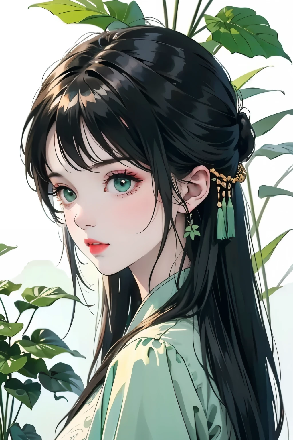color,girl ,Black Hair,Simple drawing method、White,Green Collage,Green plants,Clean background