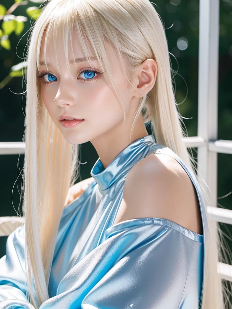 Poleto、、Bright expression、ponytail、young, White and glowing skin、Looks great、Hair reflects light、Natural platinum blonde hair,Shine brightly、Bright shiny hair,、Super long, silky straight hair、beautiful shiny bangs、Big bright blue eyes that sparkle,that'nice'Very clear,attractive、A very kind and lovely 16 year old girl..、Ample Bust、Small Face Beauty、Round face