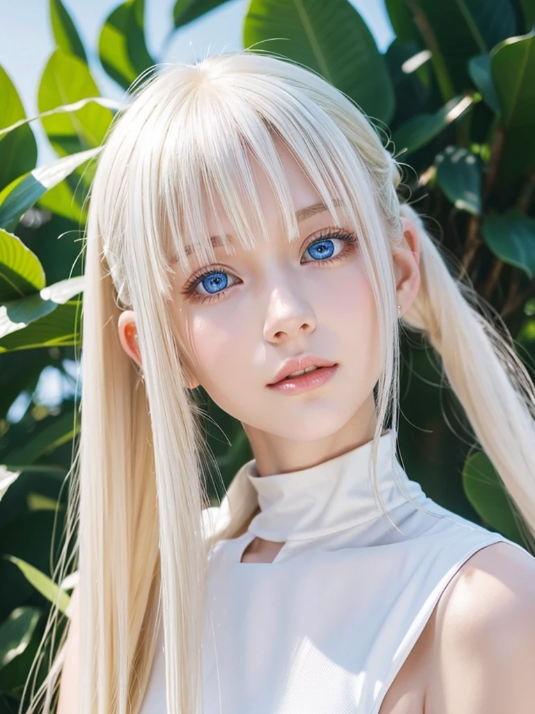 Poleto、、Bright expression、ponytail、young, White and glowing skin、Looks great、Hair reflects light、Natural platinum blonde hair,Shine brightly、Bright shiny hair,、Super long, silky straight hair、beautiful shiny bangs、Big bright blue eyes that sparkle,that'nice'Very clear,attractive、A very kind and lovely 16 year old girl..、Ample Bust、Small Face Beauty、Round face