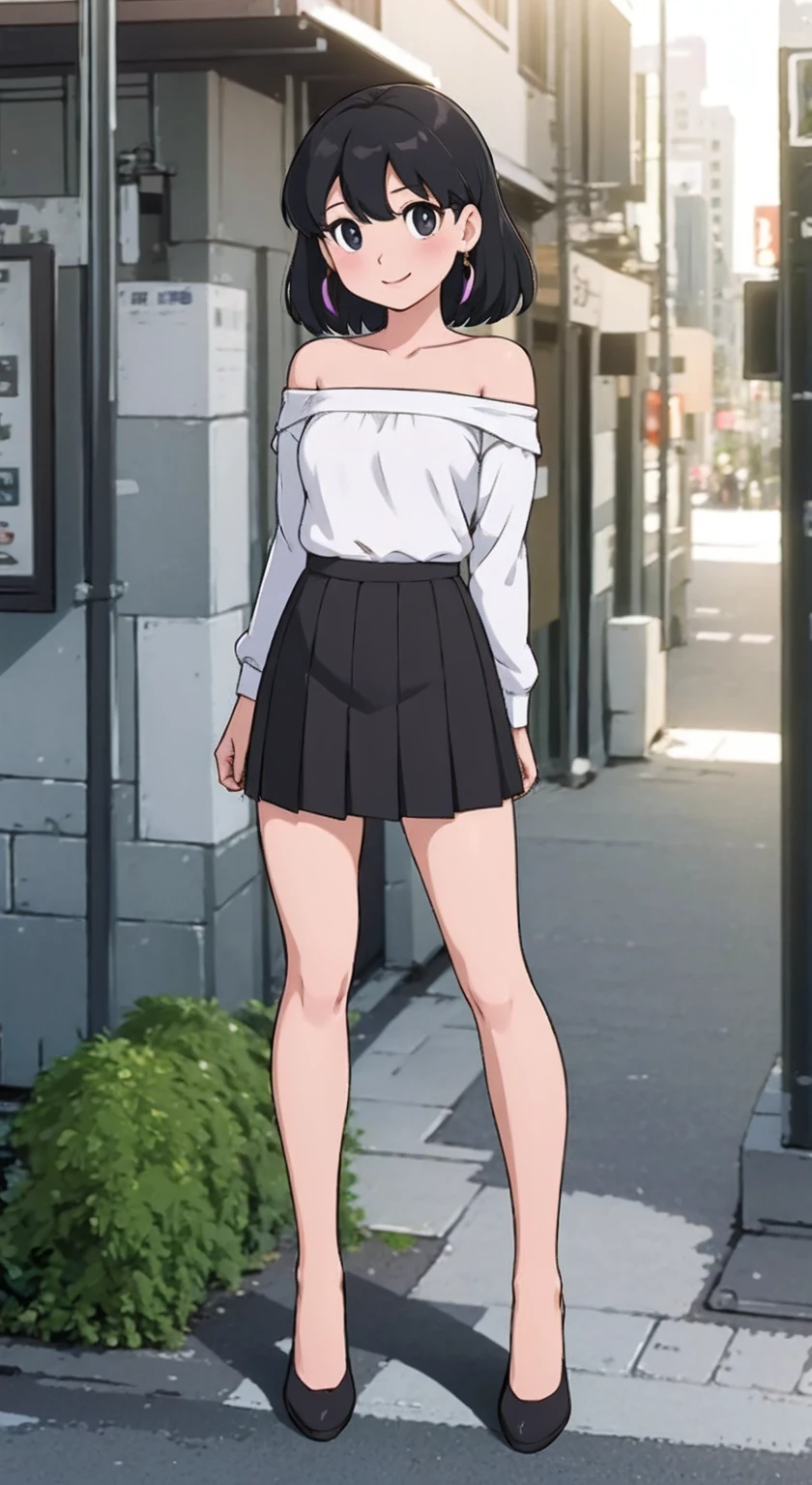 1girl, black_skirt, blue_hair, building, city, cityscape, hair_between_eyes, jacket, looking_at_viewer, medium_hair, multicolored_hair, multiple_boys, night, off_shoulder, outdoors, pleated_skirt, road, shirt, skirt, skyscraper, smile, solo_focus, street, white_shirt