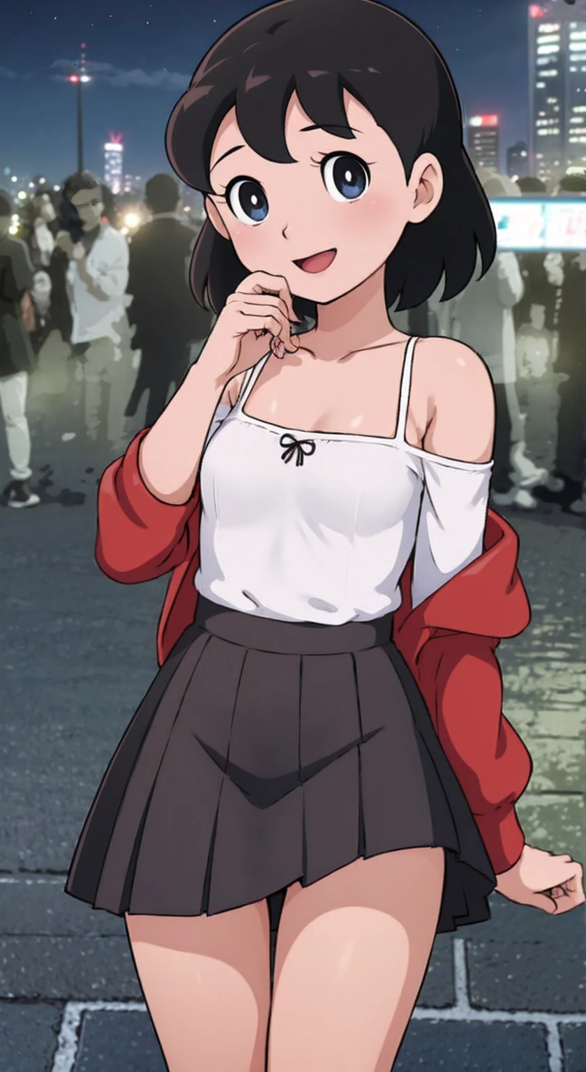 1girl, black_skirt, blue_hair, building, city, cityscape, hair_between_eyes, jacket, looking_at_viewer, medium_hair, multicolored_hair, multiple_boys, night, off_shoulder, outdoors, pleated_skirt, road, shirt, skirt, skyscraper, smile, solo_focus, street, white_shirt