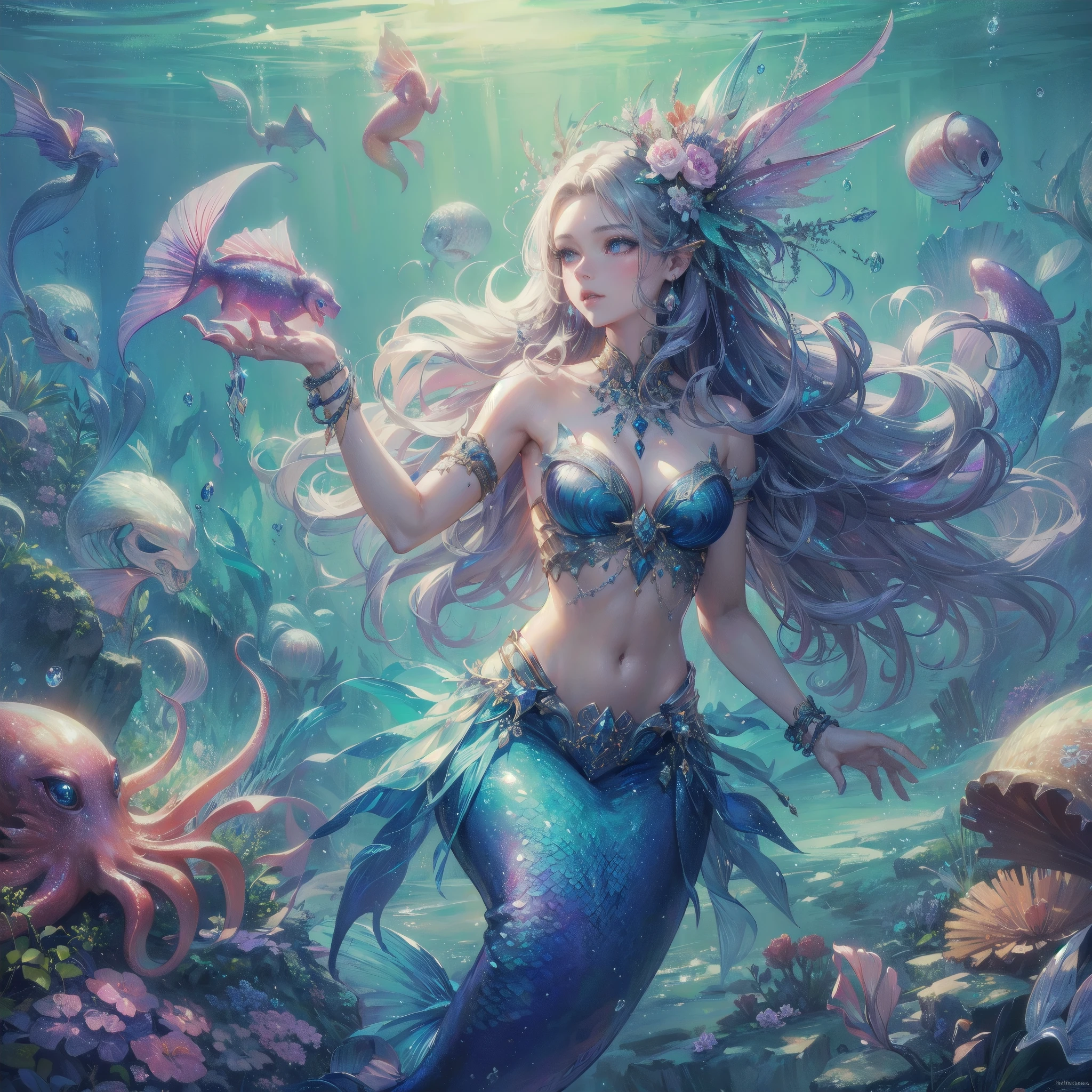 masterpiece, (textured skin), best quality, gorgeous beautiful girl, (a female
mermaid),,detailed clothes,large breasts,narrow waist,, (beautiful face), cinematic lighting, (fantasy anime art ),