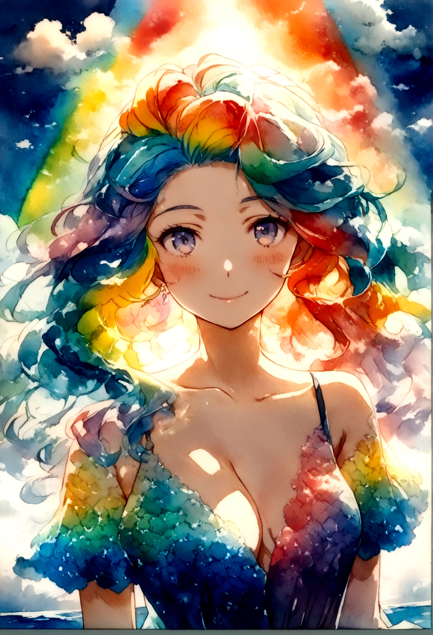 (masterpiece, Top quality, best quality, watercolor (Moderate), Official Art, beautiful and aesthetic: 1.2), (1 girl: 1.3), (Fractal Art: 1.3), morning, Good morning, Smile, sunny, hapiness, Viewer, pattern, Waves, (Rainbow Hair, rich and colorful Hair: 1.2), Sky, gas, cloud, rich and colorful, Soap Bubbles