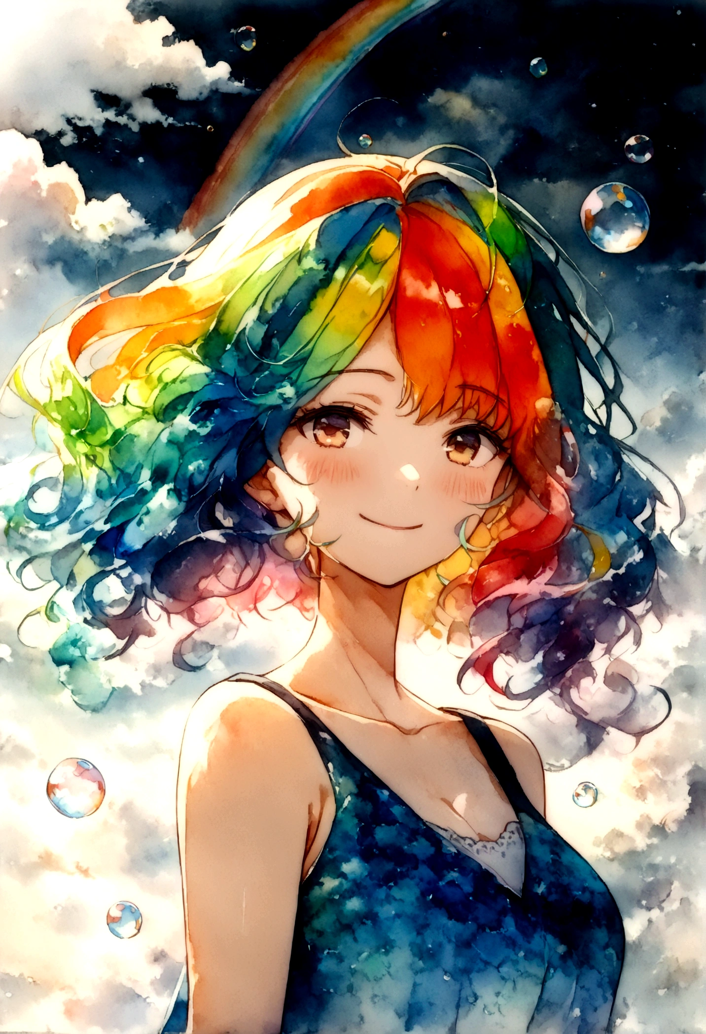(masterpiece, Top quality, best quality, watercolor (Moderate), Official Art, beautiful and aesthetic: 1.2), (1 girl: 1.3), (Fractal Art: 1.3), morning, Good morning, Smile, sunny, hapiness, Viewer, pattern, Waves, (Rainbow Hair, rich and colorful Hair: 1.2), Sky, gas, cloud, rich and colorful, Soap Bubbles