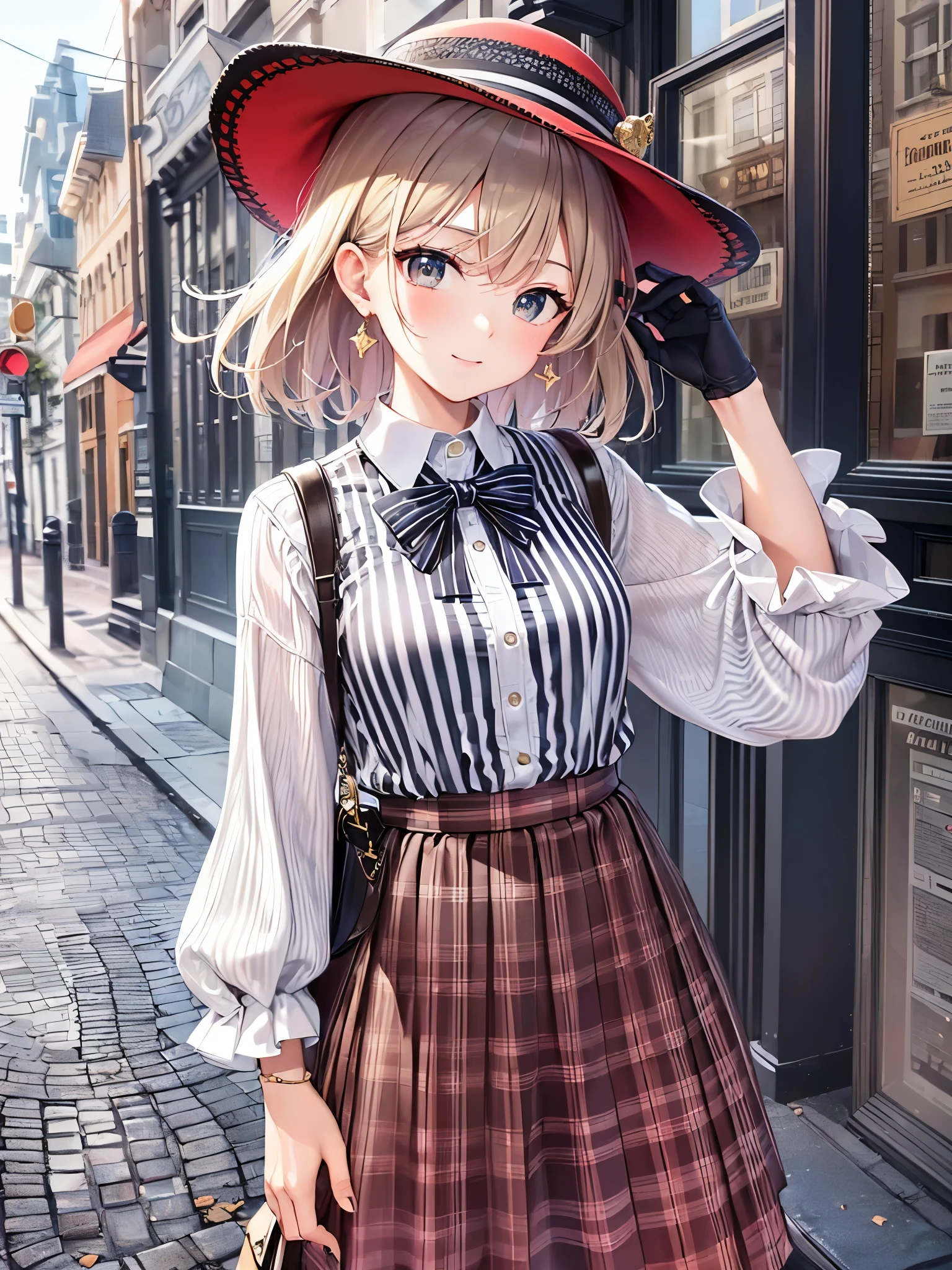 ((Highest quality)),(Ultra-high resolution),(Super detailed),(Detailed Description),((The best CG)),(masterpiece),Highly detailed art,(Art with precise details:1.5), Town:1.5, Wind:1.1, pavement:1.3, (Vertical striped shirt:1.6),(skirt:1.6),(Wearing a stylish hat at an angle:1.4),Natural Makeup:1.4,(Chic pochette:1.6)