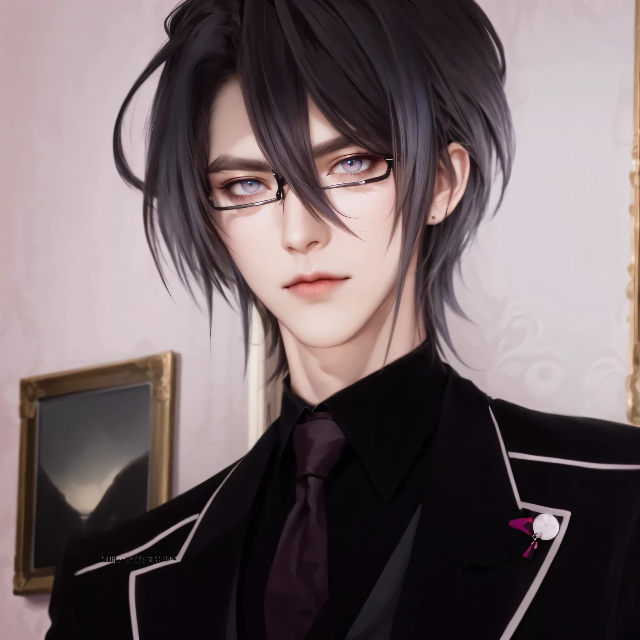 (masterpiece,best quality,ultra_detailed,highres,absurdres),1 mature male, 30-ish, (wide shoulder), (muscular), male focus, solo, dark grey hair, chain, shirt, black necktie, necktie, simple background, dark pink eyes, upper body, vest, long hair, looking at viewer, parted lips, collared shirt, round eyewear, long sleeves, black shirt, black vest, glasses, monocle, jewelry, lawyer, court background.