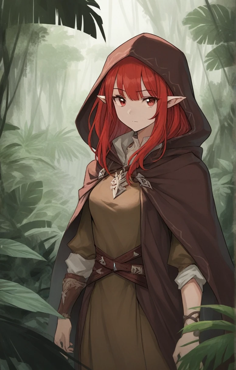 half elf, woman, dnd, adventurer, brown cloak, elegant, long red hair, flat chest, hood on, jungle