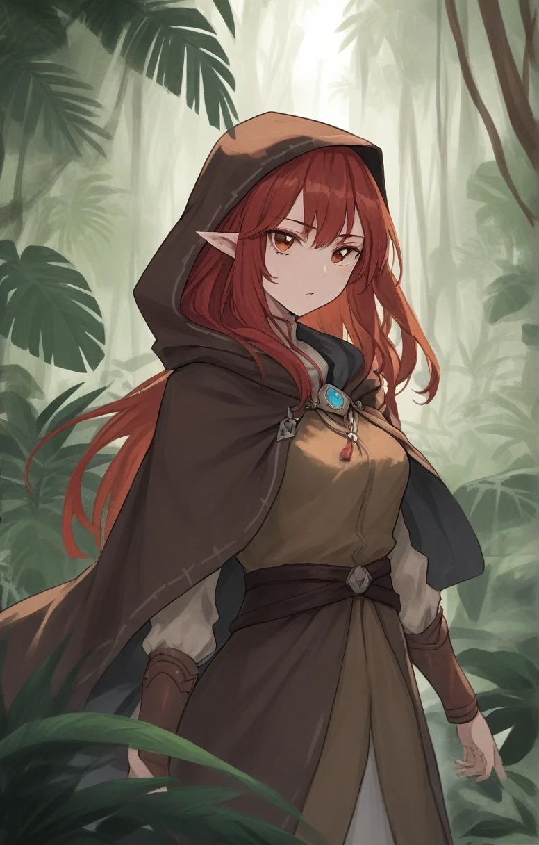 half elf, woman, dnd, adventurer, brown cloak, elegant, long red hair, flat chest, hood on, jungle