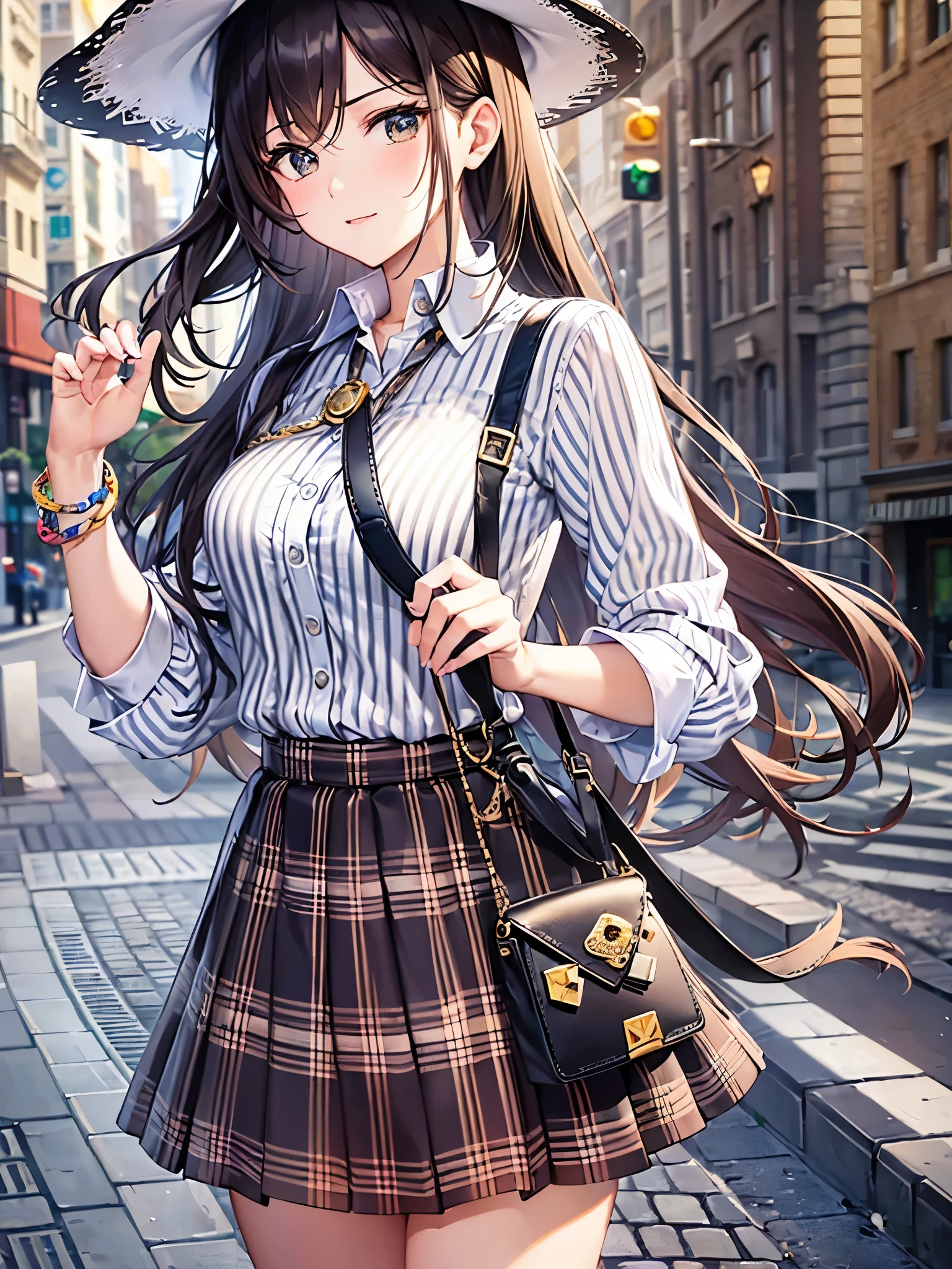 ((Highest quality)),(Ultra-high resolution),(Super detailed),(Detailed Description),((The best CG)),(masterpiece),Highly detailed art,(Art with precise details:1.5), Town:1.5, Wind:1.1, pavement:1.3, (Vertical striped shirt:1.6),(skirt:1.6),(Wearing a stylish hat at an angle:1.4),Natural Makeup:1.4,(Chic pochette:1.6)