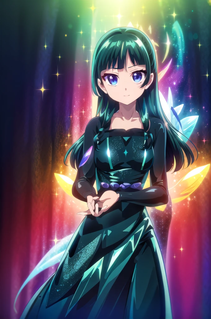 1girl,solo,(cowboy shot),standing,(green hair:1.2),long hair,pig tail,(blue eyes:1.2),(makeup:1.2),(beautiful fingers:1.6),(perfect anatomy:1.6),(arms_behind_back:1.6),(black dress:1.4),(shiny_clothes:1.6),(medium breasts:1.4),beautiful breasts,masterpiece,best quality,(Ultra high definition eyes:1.2),8k,(Beautiful detailed eyes:1.2),(Fine and beautiful eyes:1.2),(pretty eyes:1.2),finely detail,extremely CG, absurdres,high resolution,illustration,Detailed and beautiful outlines,finely detail,high resolution,(colorful refraction:1.4,Increase saturation:1.2),beautiful lighting,dynamic lighting,closed room,black background,simple background, smile,looking at viewer,maomao