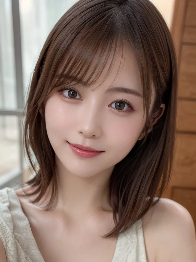 (Highest quality:1.5)、(Realistic:1.5)、(1 person:1.5)、Very detailed、finely、High resolution、8k wallpaper、Perfect dynamic composition、Small breasts、Natural color lip、Cute Smile、Japanese women、20-year-old girl、Beautiful and elaborate face、Perfect and beautiful face、Beautiful and exquisite、Big eyes、Brunette's eyes、Beautiful and elaborate face、Perfect and beautiful double eyelids、Natural Bangs、Beautiful thin nose、Beautiful Skin、chestnut brown hair、Medium Bob Hair、short hair、Natural Bangs、Open Cafe、Terrace seats、Perfect and beautiful face、Natural pose、Slim face and figure、(Looking into the camera)、Bright lighting、Professional Lighting、Front lighting、Bold sexy pose、Natural smile、Make it cold、Holter shoulder、Beautiful clavicle、(A sexy shot of her looking straight into the camera)、