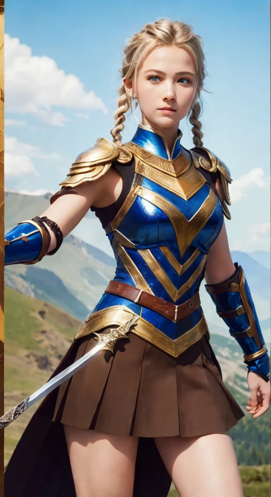 ((Highest quality, 8K, masterpiece:1.3)),young,woman,Realistic Style,Sexy Style,Brown skirt reveals legs,sword,Blonde,One braid,10-12 years old,Kind expression,Rocky Mountain,blue sky,adventure,cute,Valkyrie,Raise your right leg up to your head