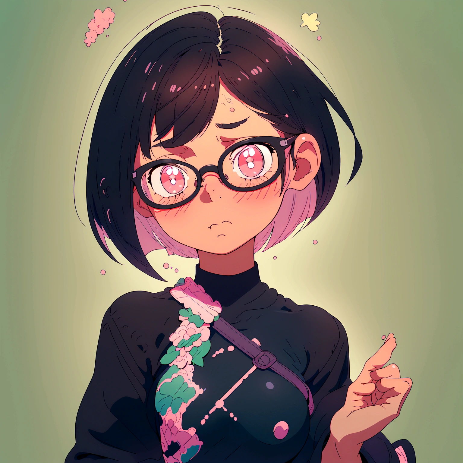 without underwear,A bob-cut elementary school girl wearing glasses, no wearing, rubbing her breasts, large breasts, looking up, black hair, winking, inside school, pastel colors, sad, summer