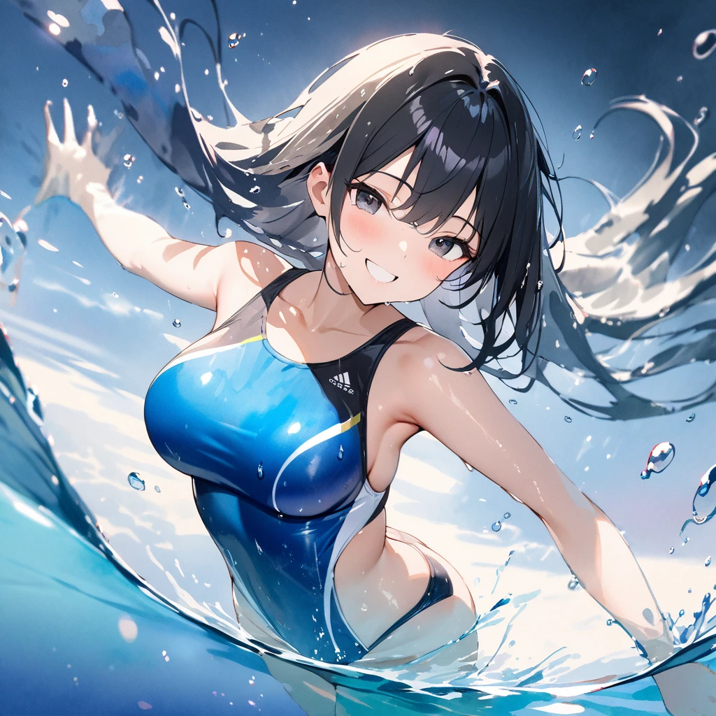 Top quality, masterpiece, watercolor painting, long black hair, black eyes, competitive swimsuit, glowing water drops, double exposure, swimming in the pool, splashes, best smile, light reflections on the water surface