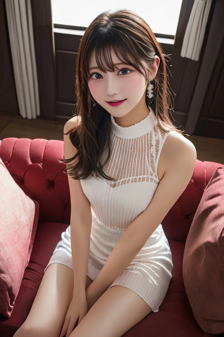 Highest quality, (beautiful)、Cabaret Club、See-through dress、Sit on the sofa、Close-up、Soft 、Shoot from above、Put your hands inside your clothes