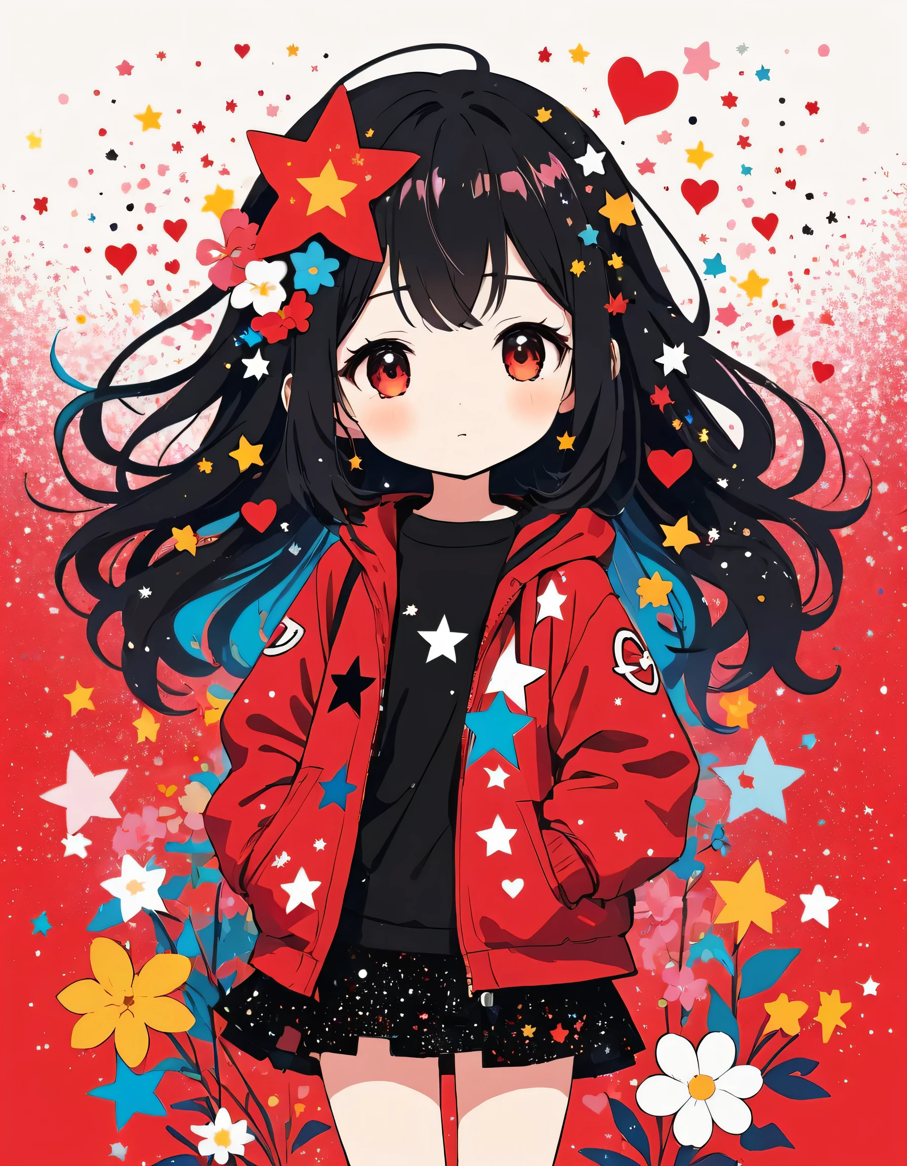 Black Star Red and White style, Simple Line Initialism，Abstract art，Kawaii Design, The most beautiful girl of all time、chibi, The background is star dust, colorful hearts, colorful flowers,