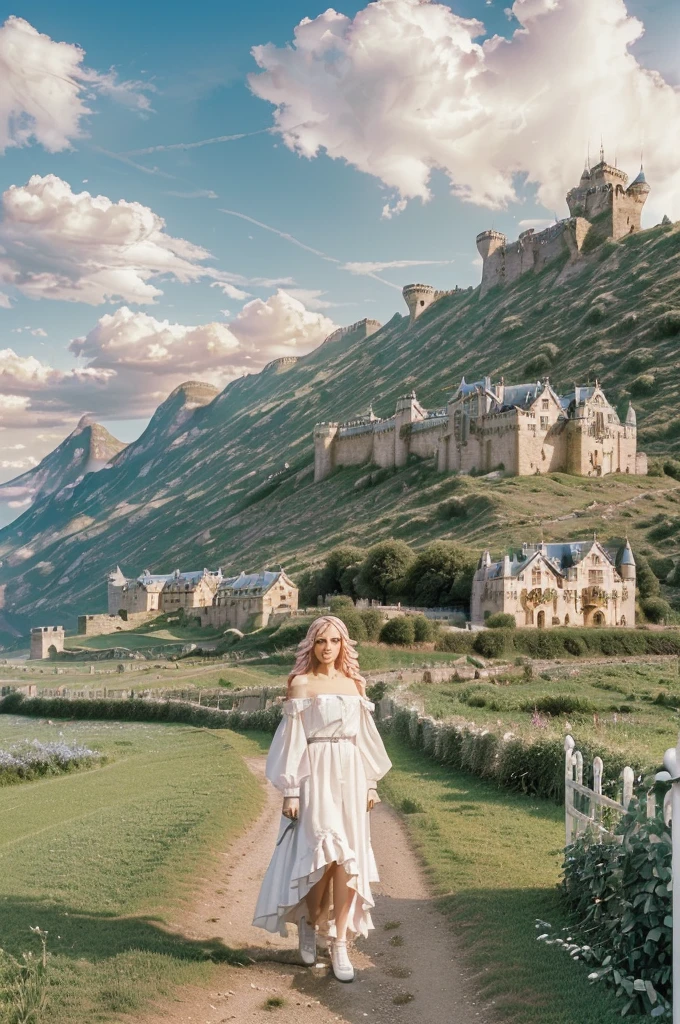 (masterpiece:1.2), (high quality:1.2), (full body:1.45), solo focus, boy with((long pink hair, dress, (white clothes:1.3), ribbon belt, off-shoulder sleeves, long sleeves,m, frills shirt, (long wavy hair), background with ((architecture, blue sky, bush, castle, no humans, cloud, cloudy sky, day, fence, field, garden, grass, hill, house, lamppost, landscape, mountain, mountainous horizon, nature, no humans, outdoors, scenery, shrine, sky, tower))
