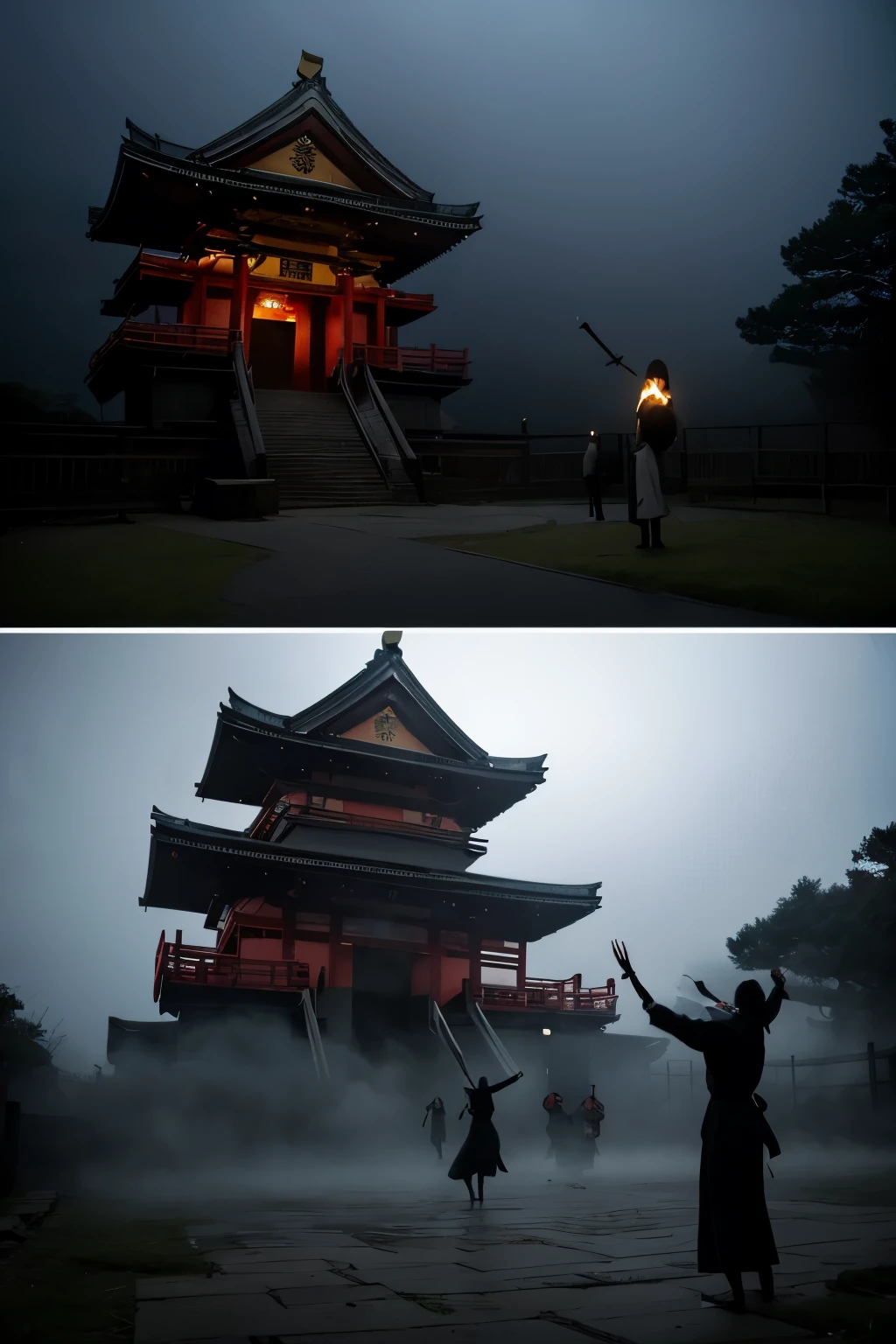 Seven people perform a kagura dance in the form of gods at Nagata Shrine in Kobe, Hyogo Prefecture. The dancers are dressed in dark, eerie costumes, wearing menacing masks, and displaying intense and frightening expressions. The dynamic dance poses are intense and forceful, adding to the ominous atmosphere. In the background, shrine architecture and a large torii gate are visible, shrouded in dark shadows and fog. The scene is set at twilight, enhancing the eerie and sinister atmosphere.
Translated with DeepL.com (free version)