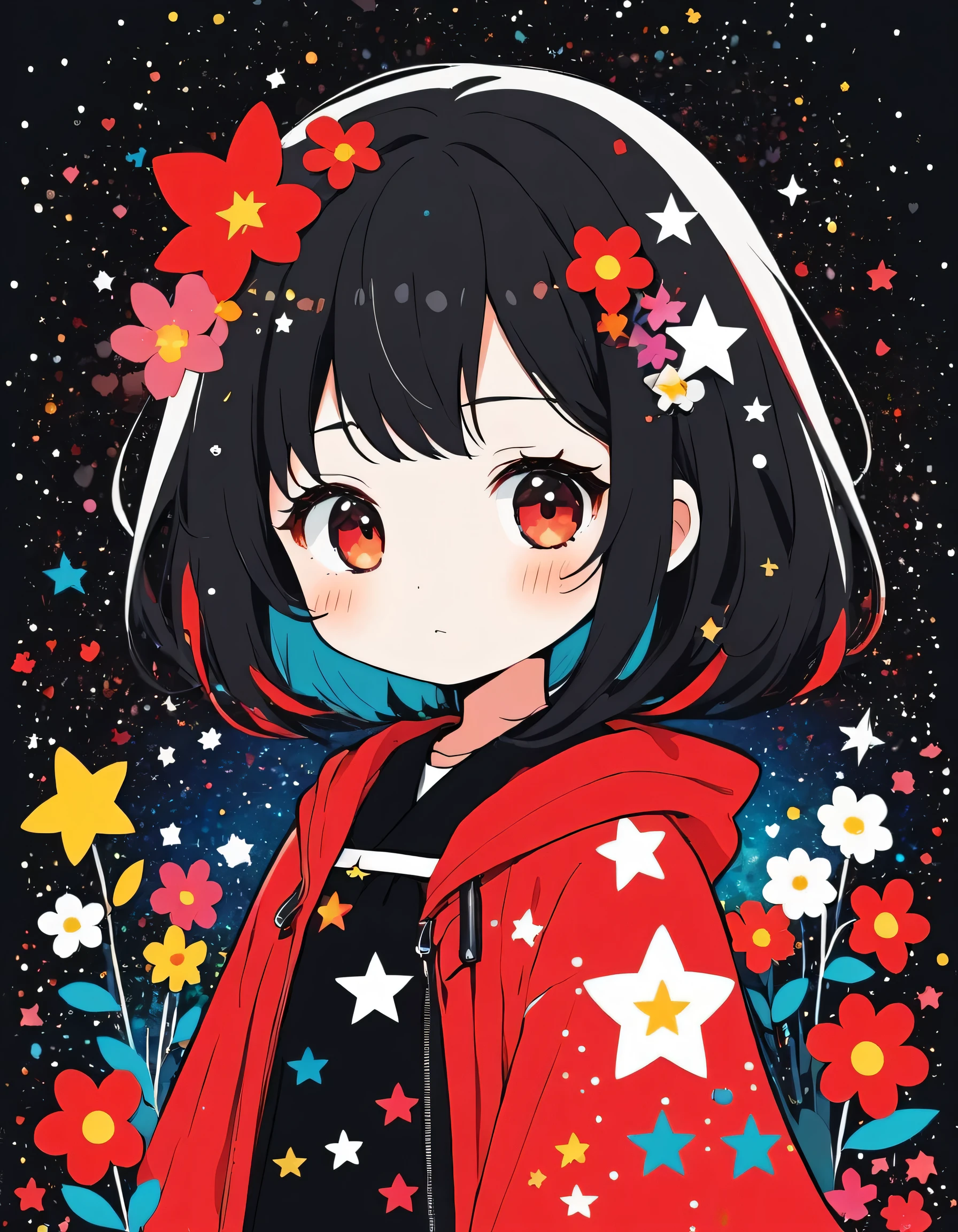 Black Star Red and White style, Simple Line Initialism,Abstract art,Kawaii Design, The most beautiful girl of all time、chibi, The background is star dust, colorful hearts, colorful flowers,