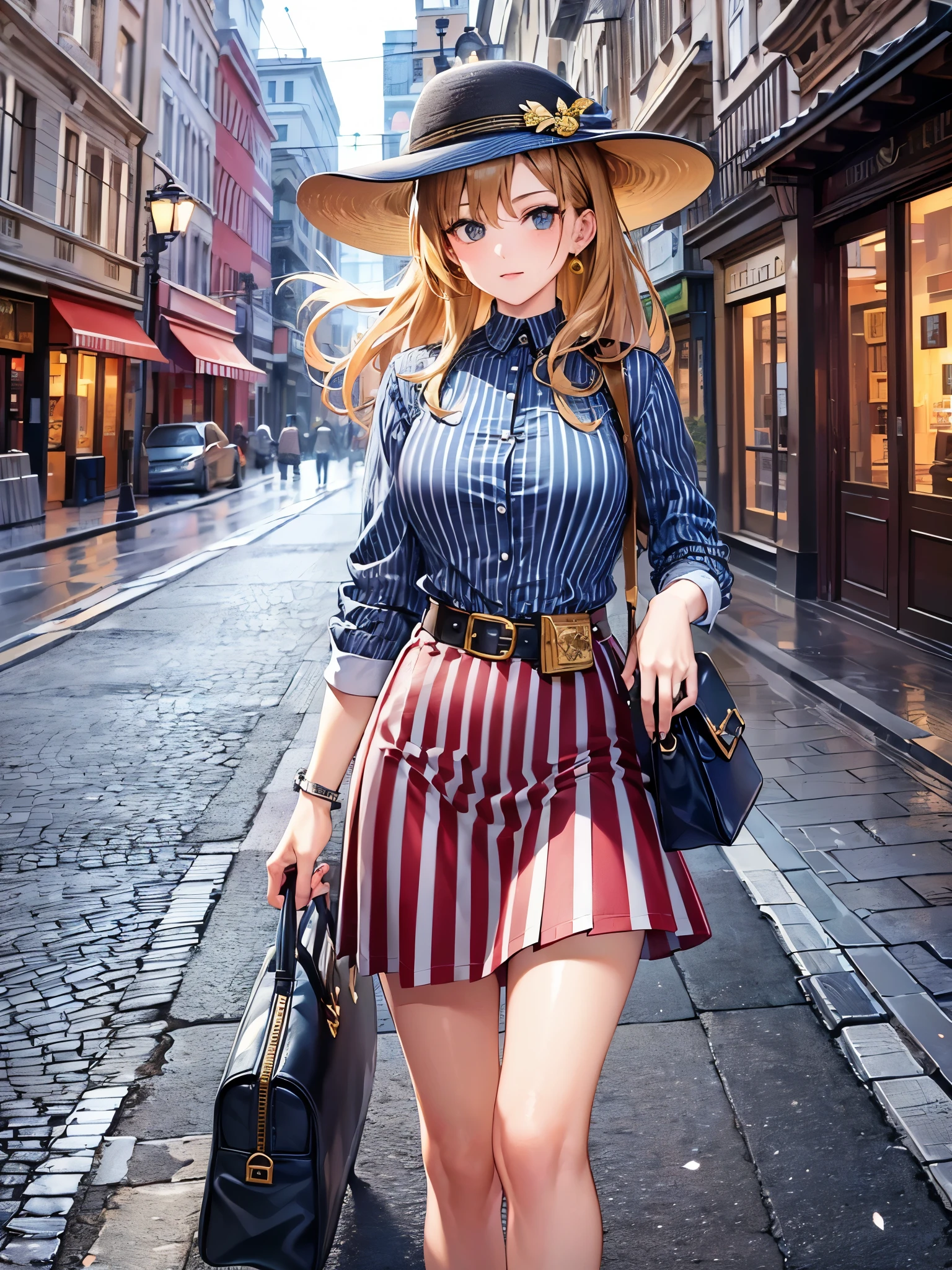 ((Highest quality)),(Ultra-high resolution),(Super detailed),(Detailed Description),((The best CG)),(masterpiece),Highly detailed art,(Art with precise details:1.5), Town:1.5, Wind:1.1, pavement:1.3, (Vertical striped shirt:1.6),(skirt:1.6),(Wearing a stylish hat at an angle:1.4),Natural Makeup:1.4,(Chic pochette:1.6)
